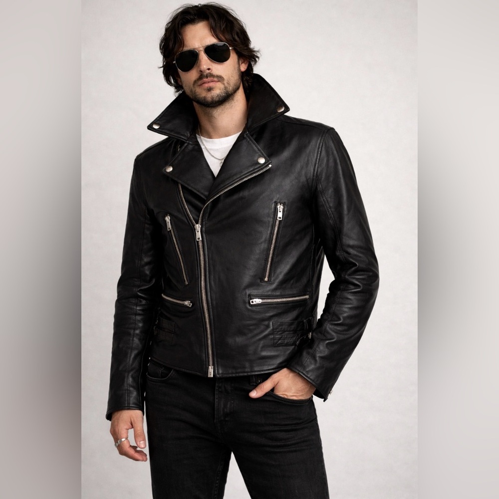 BLK DNM Classic Black Leather Biker Jacket Size Medium.